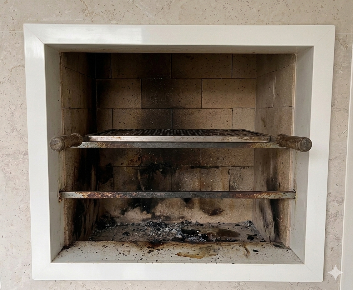Churrasqueira de tijolo refratário com grelhas antigas enferrujadas